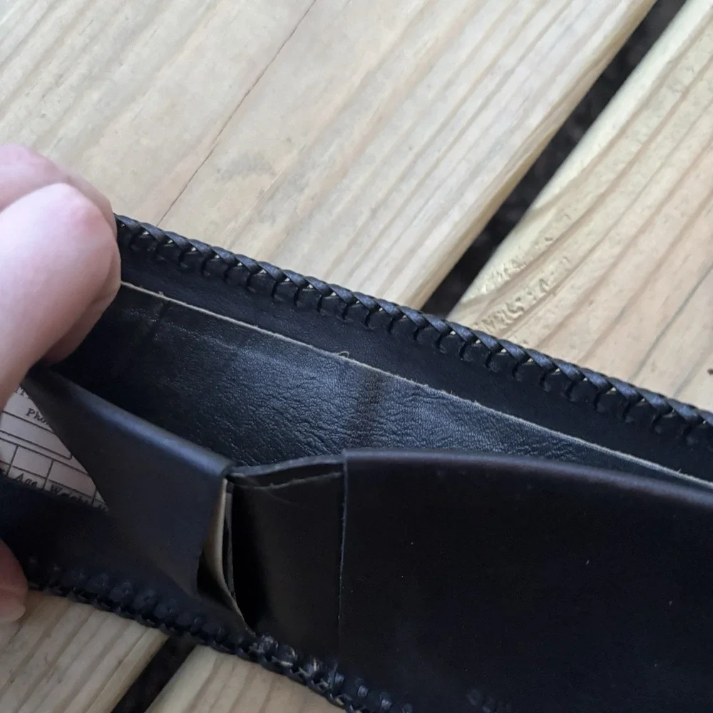 Vintage Bi-Fold Leather Wallet Whipstitch Black Genuine Leather Hand Tooled USA
